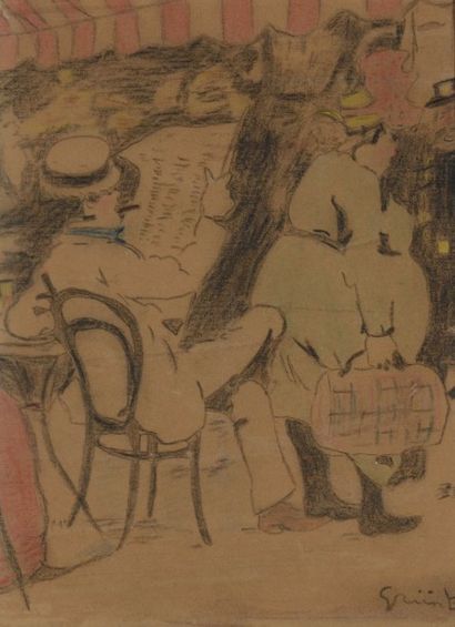 null GRÜN Jules (1868-1938) "A la terrasse du café", Crayons de couleur, signé en...