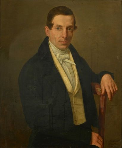 null Ecole du XIXe siècle, "Portrait d'Homme au gilet jaune", huile sur toile, signée...
