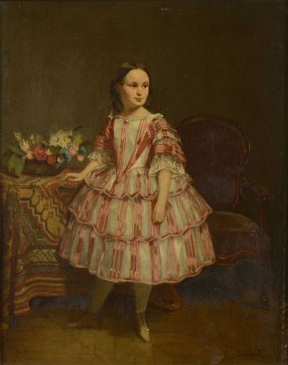 null Eugène ACCARD (1824-1888) "Portrait de Petite Fille dans une robe rose", huile...