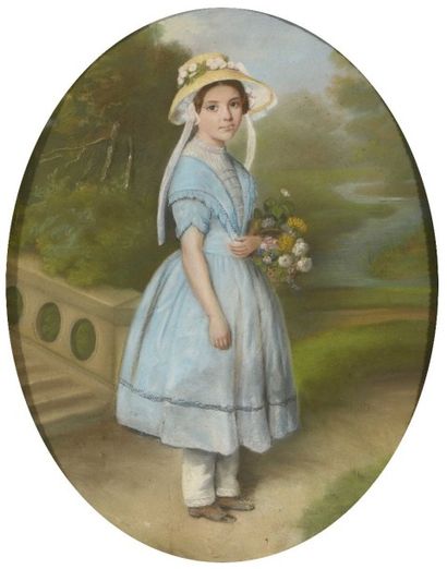 null Ecole fin XIXe s. "Jeune Fille en Bleu" Pastel ovale. H : 56 x 46 cm (Petites...