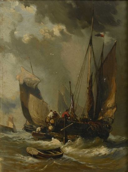 null Ecole Française ou Anglaise du XIXe siècle , "Bateaux dans la tempête", huile...
