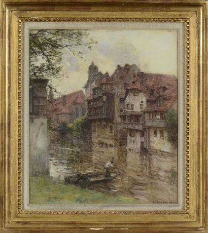 null Léon Augustin LHERMITTE (1844-1925) "Maisons au bord de la rivière" Pastel....