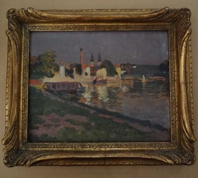 null Auguste Louis LEYMARIE (XIX-XX) "Village en bord de rivière" Huile sur panneau,...