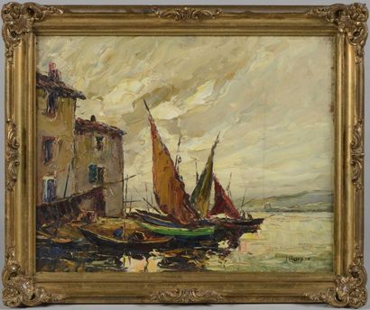 null Joseph Marius HURARD (1887-1956) "Bateaux au port"huile sur panneau signée en...
