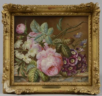 null Ecole Française du XIXe siècle, "Jeté de Roses", peinture sur porcelaine, 19,5...