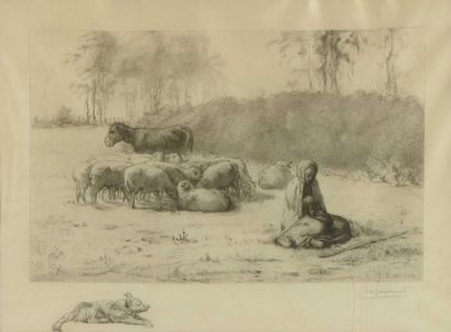 D'après MILLET Jean-François (1814-1875) « Bergère et son troupeau »

Lithographie...