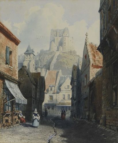VILLERET François Etienne (1800-1866) « Château sur la colline, vue animée »

Aquarelle,...