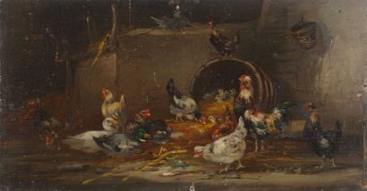 GUILLEMINET Claude (1821-1866) "Coq, poules et canard dans une grange"

 Huile sur...