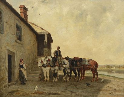 VEYRASSAT Jules Jacques (1828-1893) “L'attelage, arrivée à la ferme”

Huile sur panneau,...
