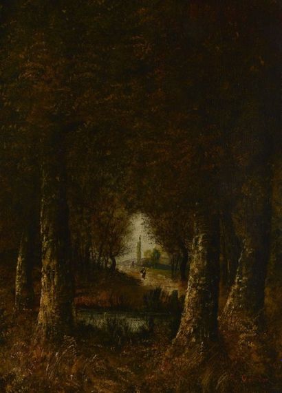 GOURDON René (1855-XXe) « Clairière et mare en forêt »

Huile sur toile (rentoilée),...