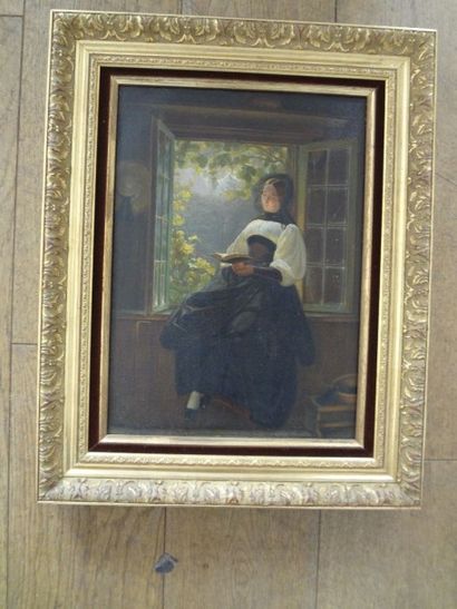 null Ecole du XIXe siècle 

"Femme lisant près d'une fenêtre" 

Huile sur toile,...