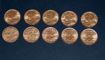 null Dix pièces en or de vingt francs Suisse, frottées, usées. Poids brut total :...