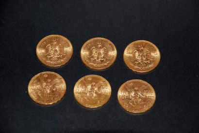 null Six pièces en or de cinquante pesos Mexique 1821-1947, frottées, usées. Poids...