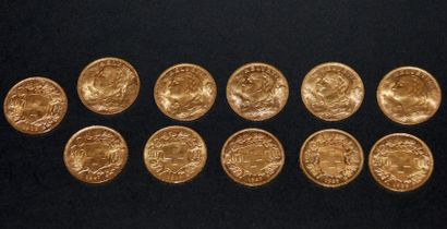 null Onze pièces en or de vingt francs Suisse, frottées, usées. Poids brut total...