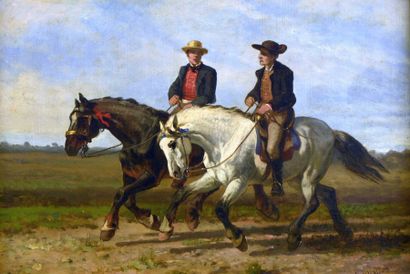 null  VEYRASSAT Jules Jacques (1828-1893) 
“Les deux cavaliers”
Huile sur toile,...
