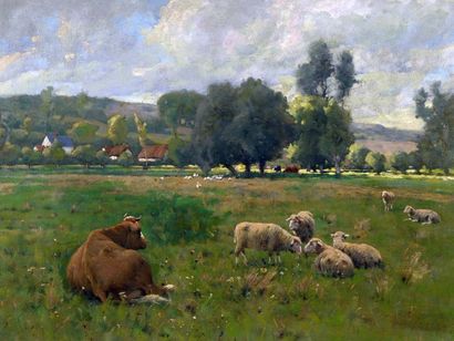 CONNELL Edwin (né en 1859) CONNELL Edwin (né en 1859)

"Vache et moutons au paturage"

Huile...