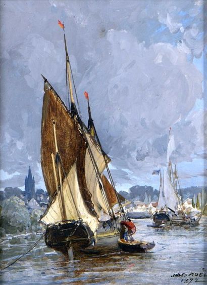 NOEL Jules (1810-1881) NOEL Jules (1810-1881)

"Bateaux de pêche à l'entrée du port"

Huile...