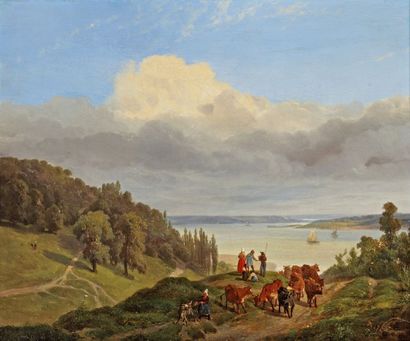 null LEPRINCE Robert Léopold (1800-1847) 
"Lac d'Annecy - vue depuis la Puya" 
Huile...