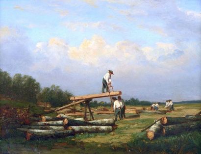 null  VEYRASSAT Jules Jacques (1828-1893) 
 “Coupeurs de bois dans la clairière”...