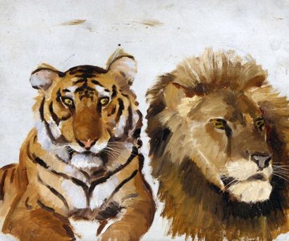 null Georges Lucien GUYOT (1885-1973) 

"Tigre et Lion" 

Huile sur carton, 

25,2...