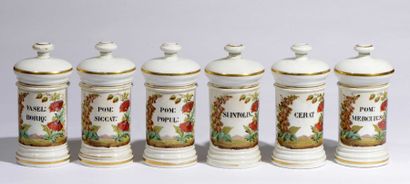 null PARIS- Suite de six pots à pharmacie en porcelaine à décor polychrome de pavots...