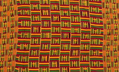null Façonné à bandes, Kente Ashanti, Ghana, décor géométrique rouge, jaune et vert....