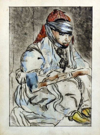 null Etienne Alphonse DINET (1861-1929) "Jeune femme berbère assise" Lithographie...