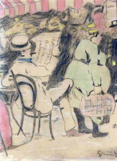 null Jules GRÜN Jules (1868-1938) "A la terrasse du café", Crayons de couleur, signé...