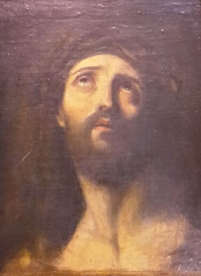 null Ecole du XVIIe siècle, "Tête de Christ", huile sur toile, 37 x 29 cm. (Rentoilage...