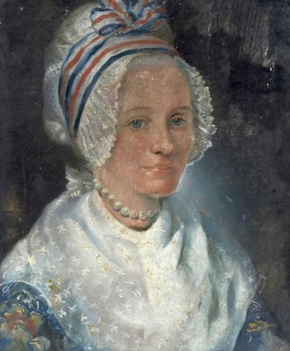 null Ecole de la fin du XVIIIe siècle "Femme au bonnet tricolore" Huile sur papier...