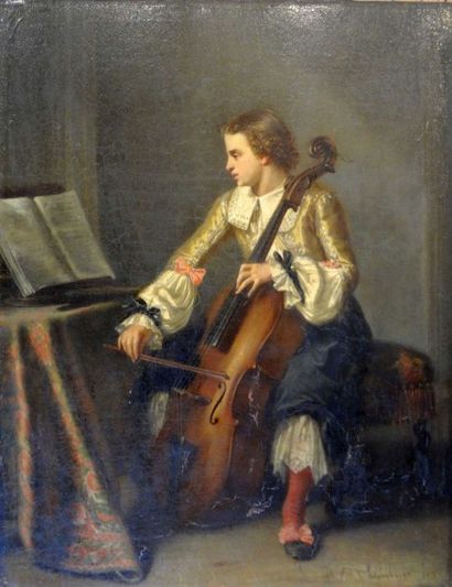null Adolphe François MONTFALLET (1816-1900) "Violoncelliste", Huile sur panneau,...