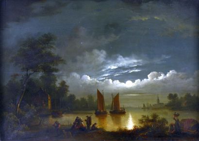 null ECOLE HOLLANDAISE du XIXe siècle "Paysage fluvial au clair de lune avec pêcheurs...