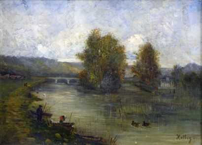 null Ecole du XIXe siècle "Pêcheurs au bord de la rivière", huile sur toile, signée...