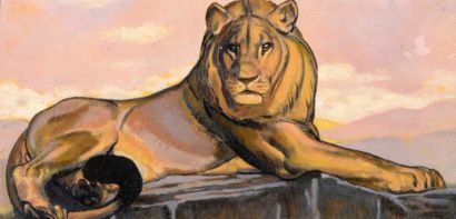 null Ecole moderne "Lion au repos" Huile sur toile, 15 x 30 cm