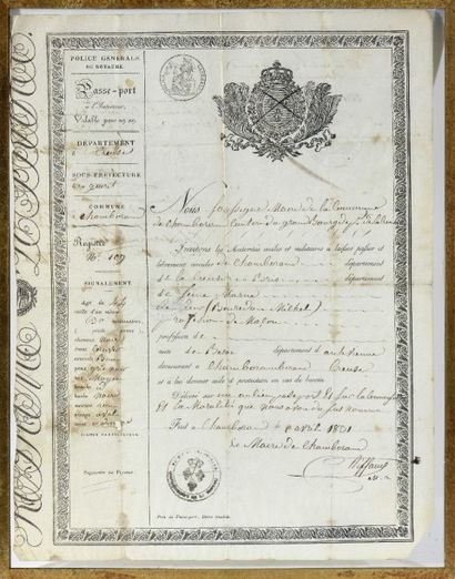 null Passeport, département de la Creuse, daté 9 avril 1831. Encadré sous verre.