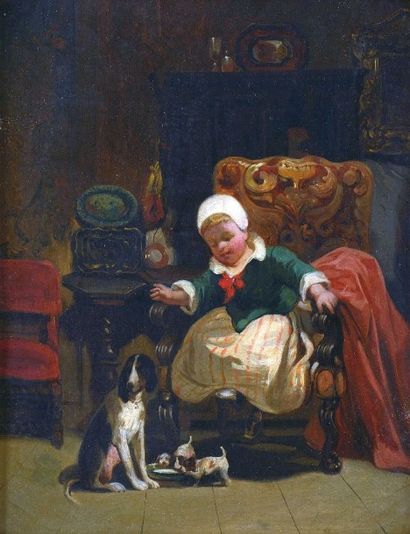 ROQUEPLAN Camille (1803-1855) "Enfant jouant avec les chiots"

Huile sur toile

35...