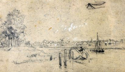 GUILLAUMET Gustave Achille (1840-1887) "Bord de la Meuse" 

Mine de plomb et rehauts...