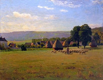 CHAIGNEAU Jean Ferdinand (1830-1906) "Berger et son troupeau en plaine de Chailly...