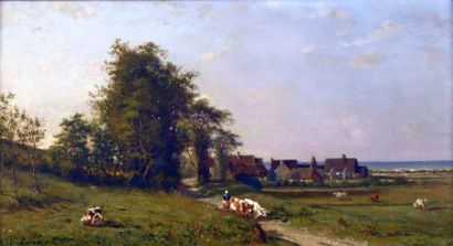 GUILLEMER Ernest (1839-XIXe) "Troupeau sur le chemin", 

huile sur panneau parqueté,...