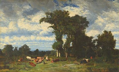 Attribué à ROQUEPLAN Camille (1803-1855) "Gardienne et son troupeau à l'orée du bois"

Huile...