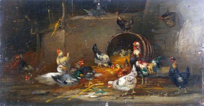 GUILLEMINET Claude (1821-1866) « Coq, poules et canard dans une grange" 

Huile sur...