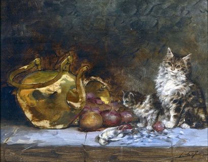 LEROY Jules (1833-1865) « Les chats sur la table » 

Huile sur panneau d'acajou,...