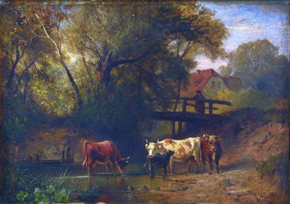 MEISSNER Gustav (1830-1910) "Vaches à la mare près du petit pont"

Huile sur papier...