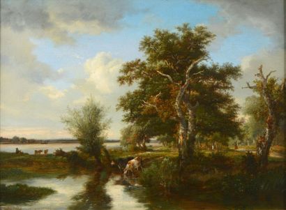 ANDRE Jules (1807-1869), "Vaches au bord de l'étang", 

Huile sur toile, signée en...