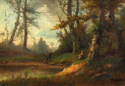 null Ecole Française du XIXe siècle 

"Trois personnages au bord d'un lac en forêt",...