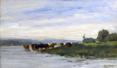 DAUBIGNY Karl (1846-1886) "Vaches au bord de la rivière"

Huile sur panneau, signée...