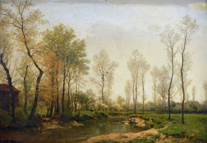 PRON Hector (1817-1905) « Prés au bord de la rivière: la lavandière »

Huile sur...