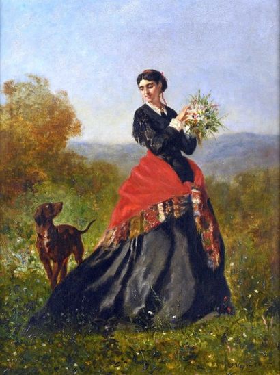 VEYRASSAT Jules Jacques (1828-1893) "Elégante au bouquet"

Huile sur toile, signée...