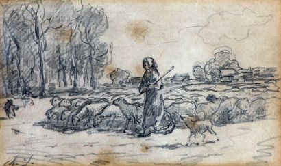 JACQUE Charles Emile (1813-1894) "Bergère et son troupeau"

Mine de plomb, signée...