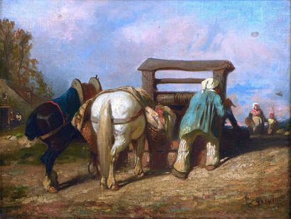 TROYON Constant (1810-1865) "Chevaux au puits" 

Huile sur toile, signée en bas à...